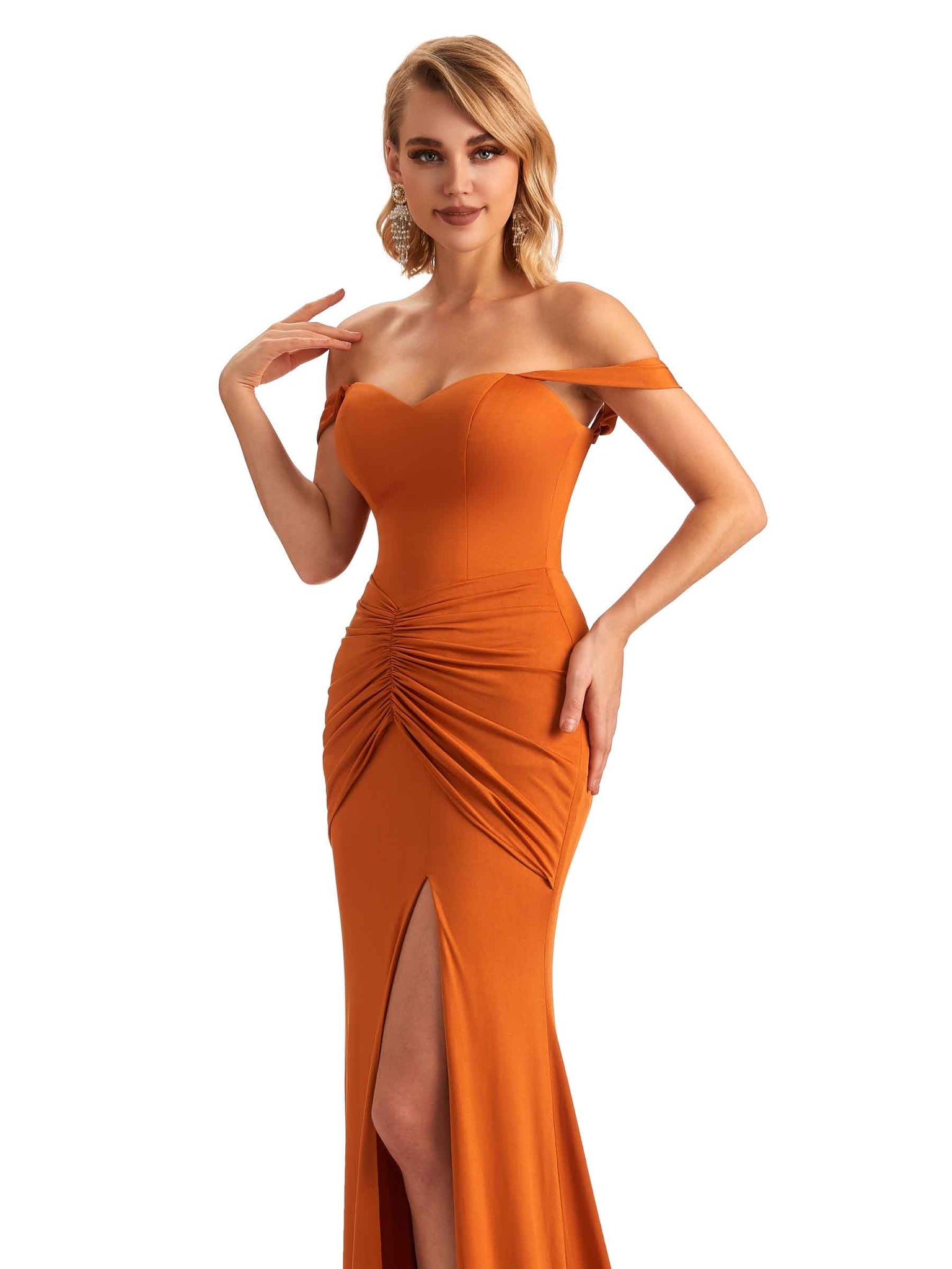 Robes de demoiselle d'honneur extensible avec fente hors de l'épaules