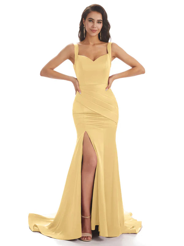 Or Robes de demoiselle d'honneur longues satin doux sirène dépareillées fente sexy