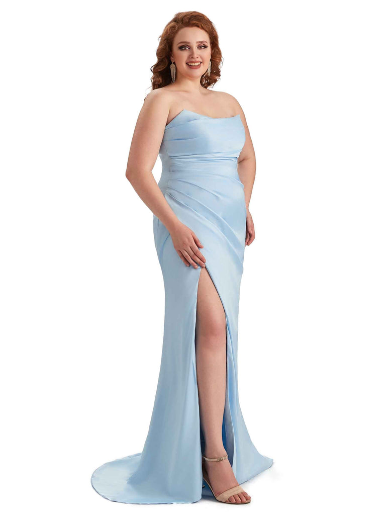 Robe sirène de demoiselle d'honneur en Satin doux longue fendue sans bretelles Sexy grande taille pour mariage