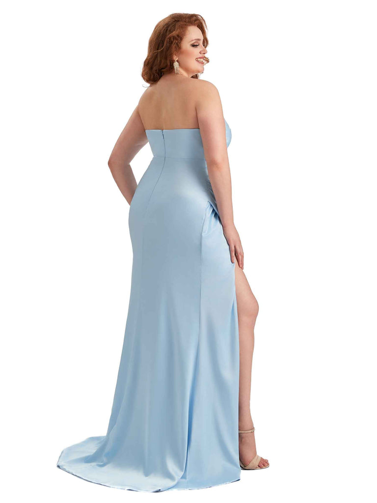 Robe sirène de demoiselle d'honneur en Satin doux longue fendue sans bretelles Sexy grande taille pour mariage