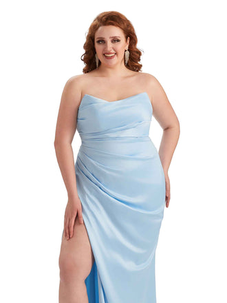 Robe sirène de demoiselle d'honneur en Satin doux longue fendue sans bretelles Sexy grande taille pour mariage