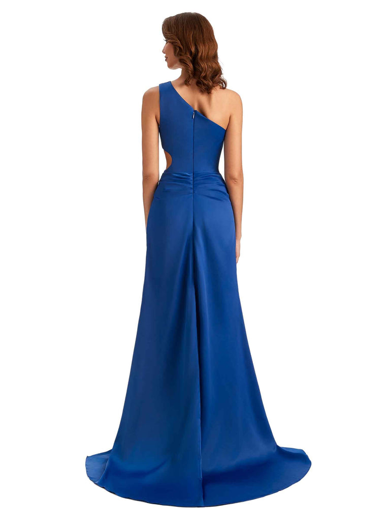 Robe de demoiselle d'honneur en Satin asymétrique épaule dénudée fente Sexy longue Unique, pour mariage