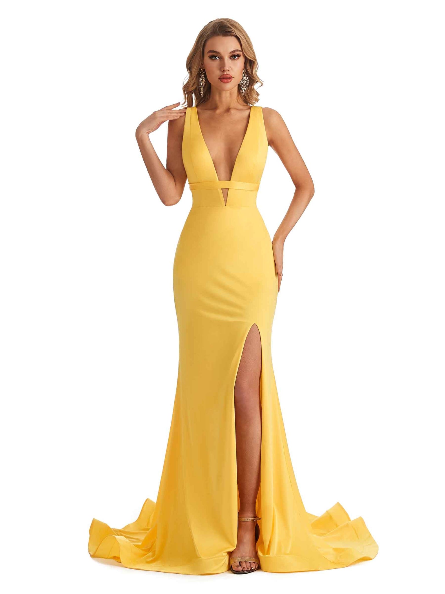 Robe de demoiselle d'honneur sirène sexy Col en V fente latérale jersey extensible longue formelle