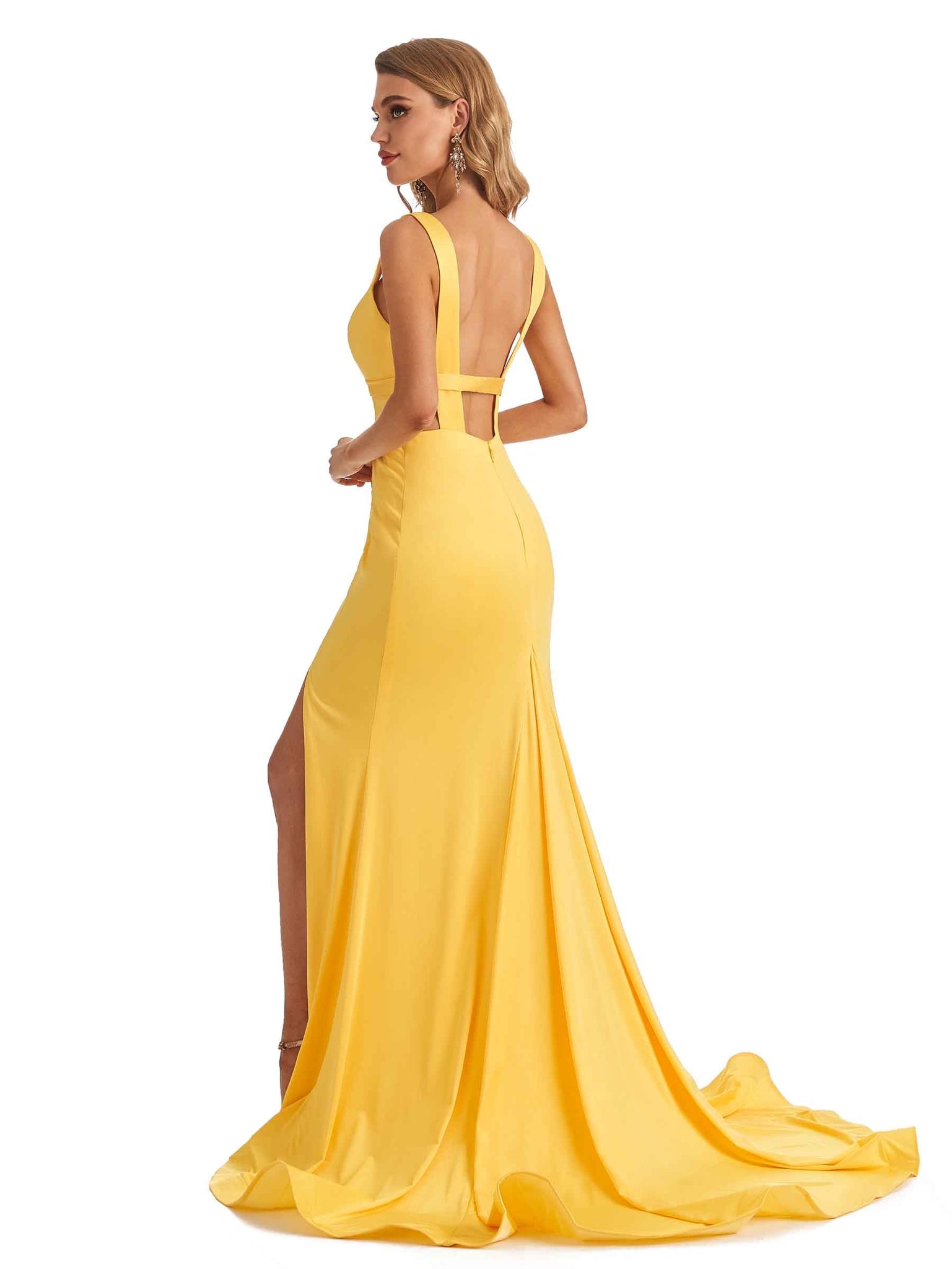 Robe de demoiselle d'honneur sirène sexy Col en V fente latérale jersey extensible longue formelle