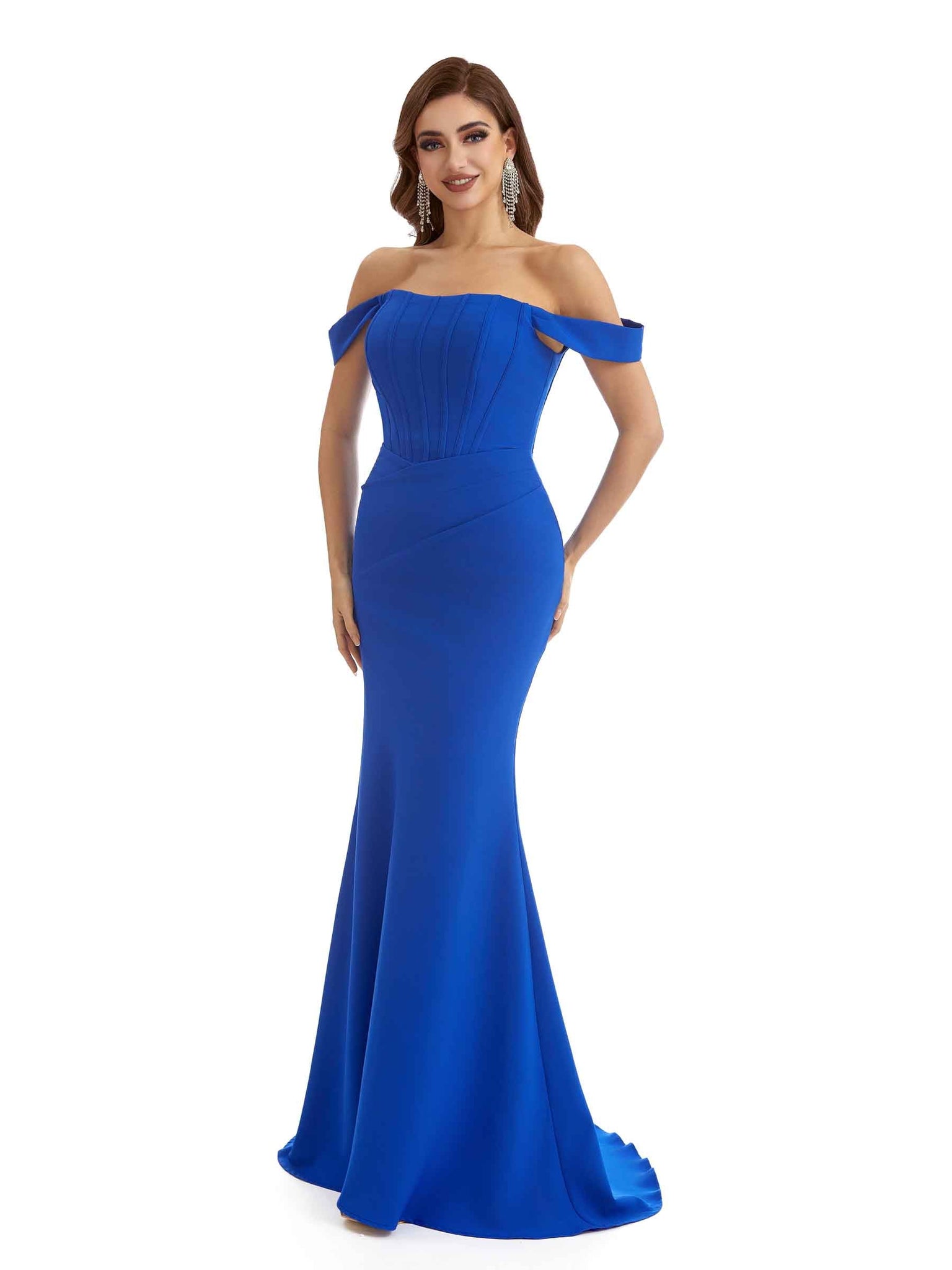 Robe de demoiselle d'honneur longue en crêpe extensible à épaules dénudées et élégante