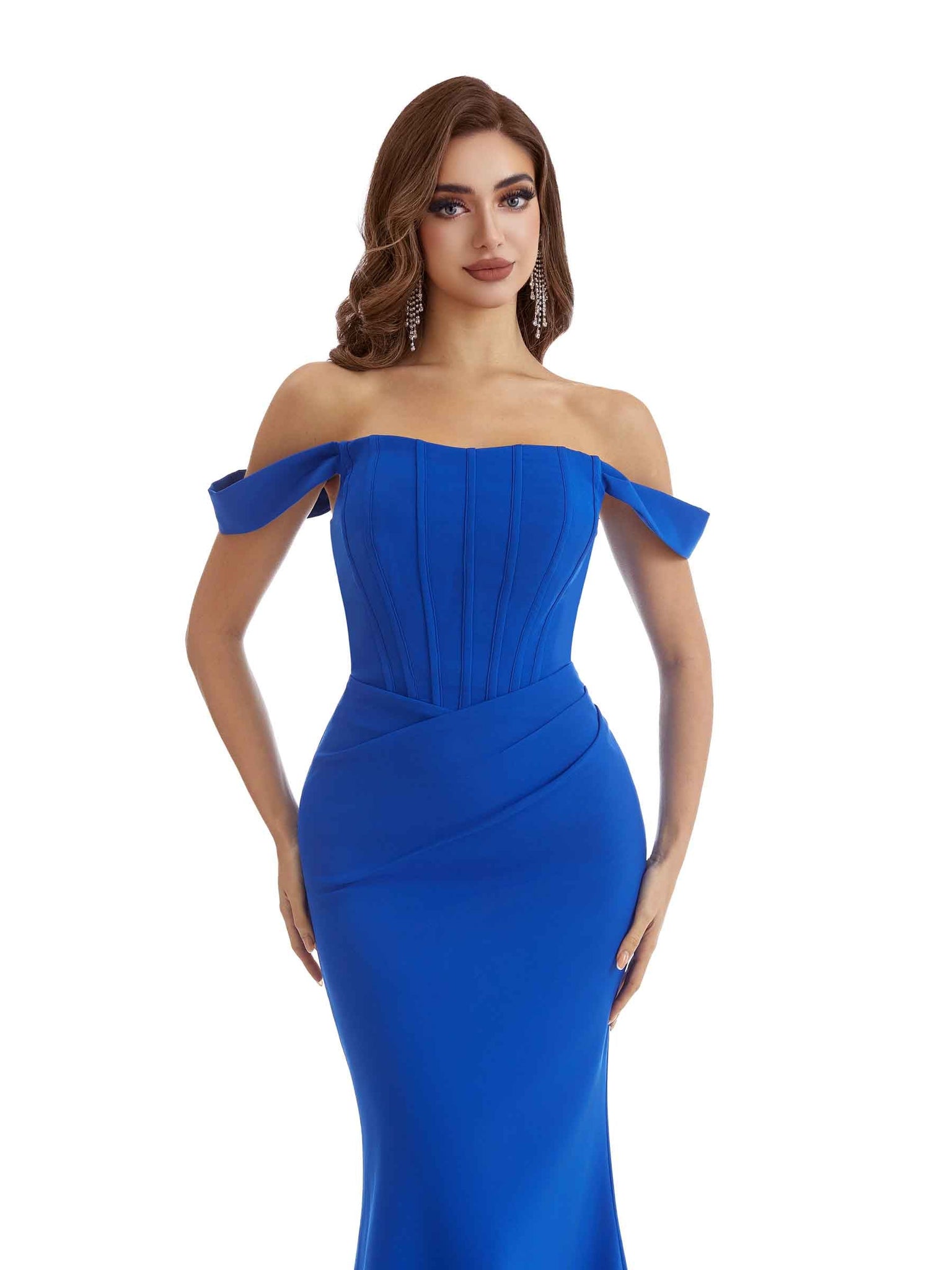 Robe de demoiselle d'honneur longue en crêpe extensible à épaules dénudées et élégante
