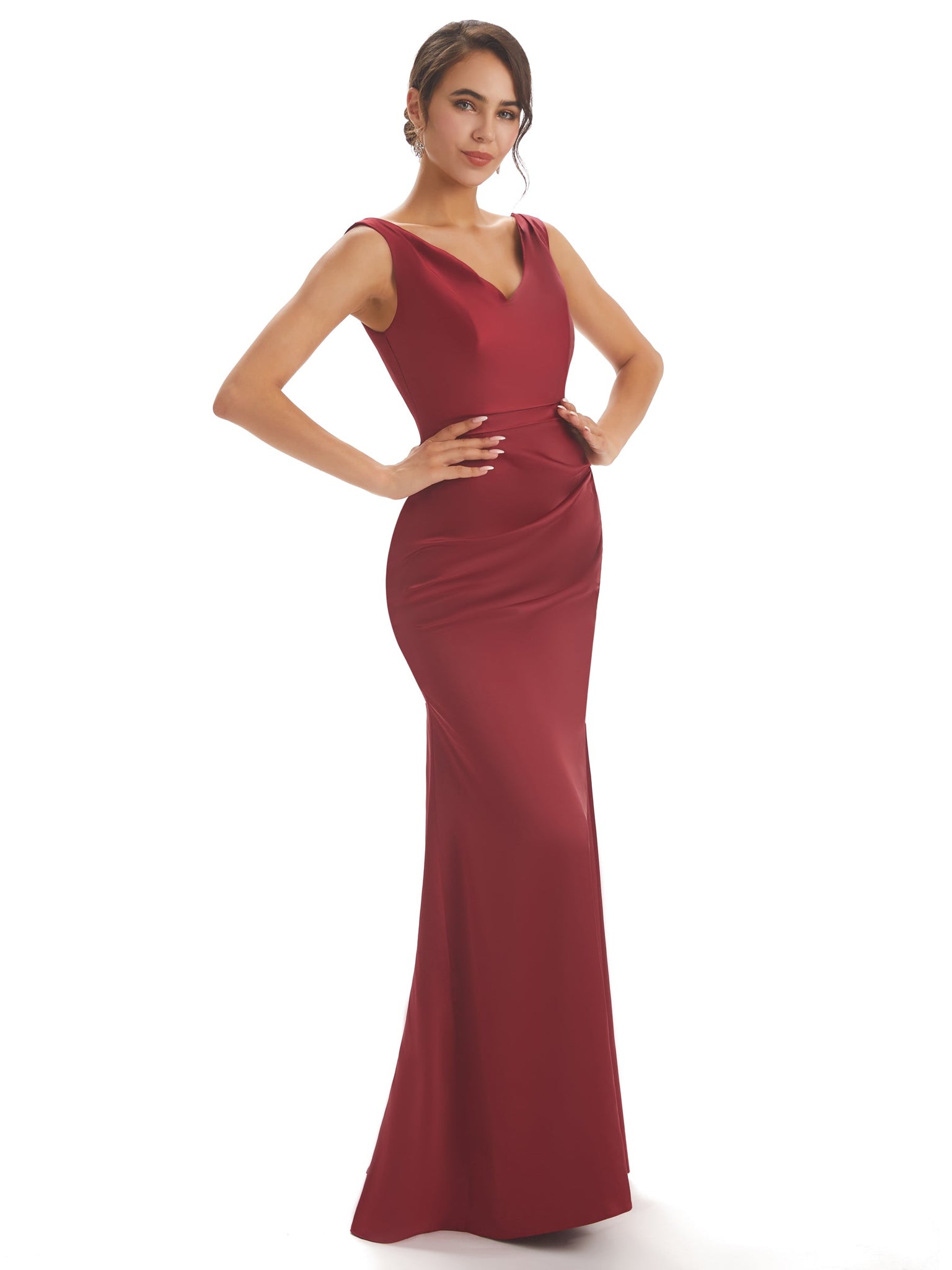 Robes invitée sexy col en V satin doux longueur au sol robe témoin de mariage