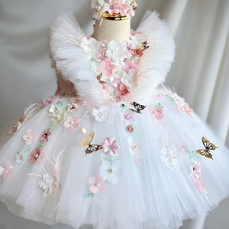 Robe de bal en dentelle appliquée pour fille de fleur pour mariage robe de concours tulle pour enfants