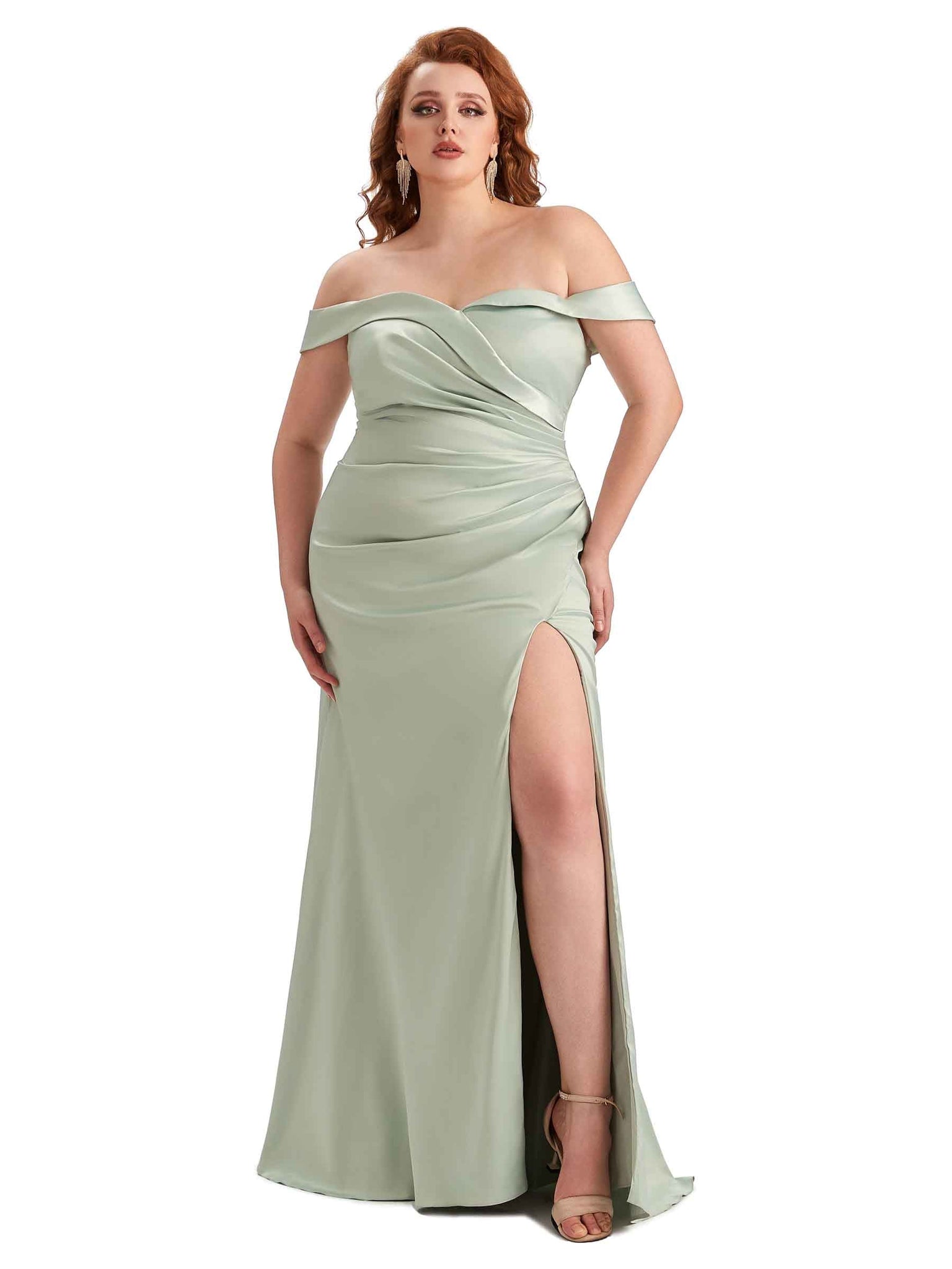 Robe longue en satin doux avec fente épaules dénudées pour mariage