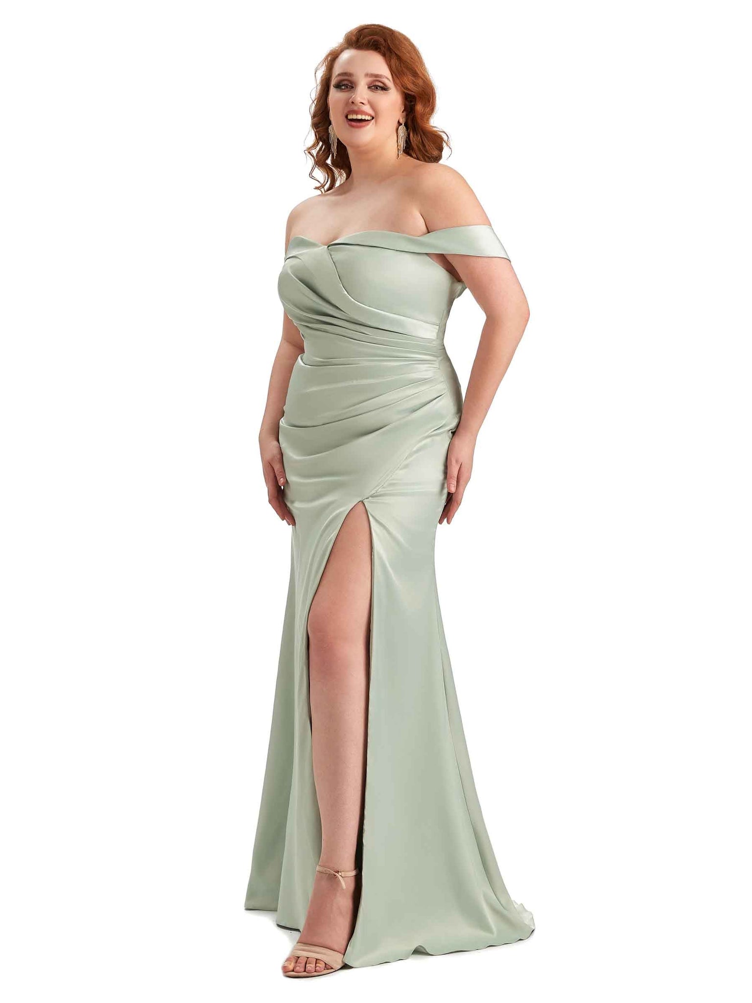 Robe longue en satin doux avec fente épaules dénudées pour mariage