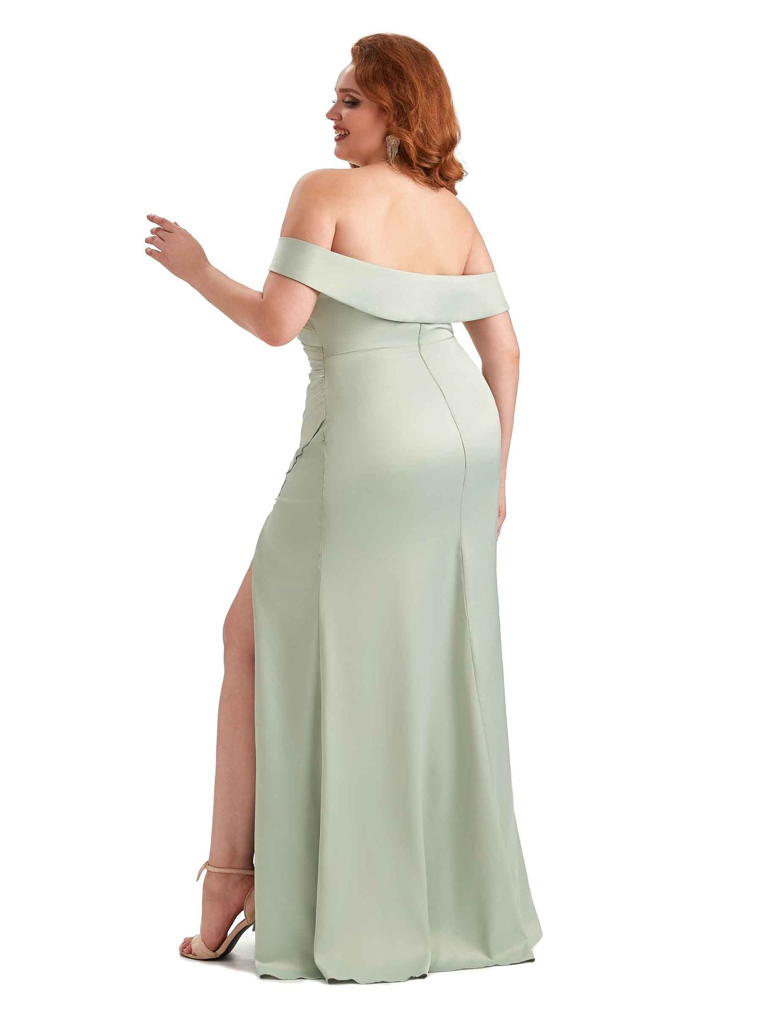Robe longue en satin doux avec fente épaules dénudées pour mariage