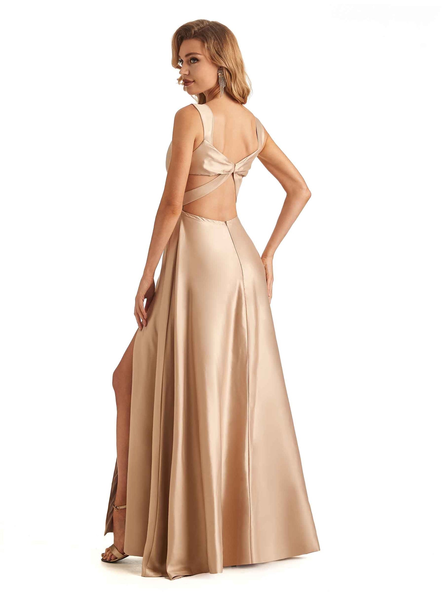 Robes de demoiselle d'honneur longues sexy satin doux avec fente latérale nœud