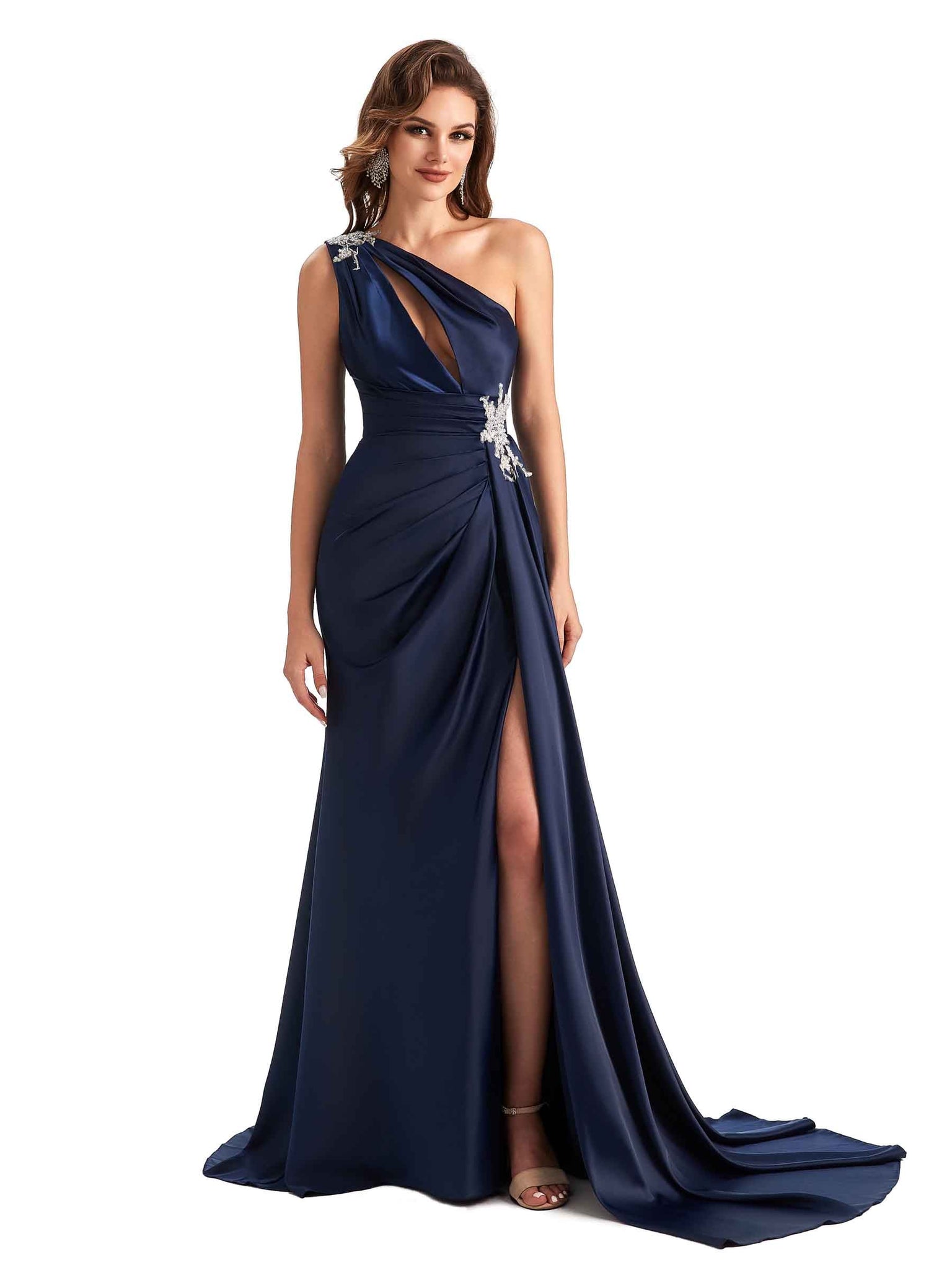 Robe témoin de mariage sexy fendue en satin doux asymétrique en dentelle A-ligne