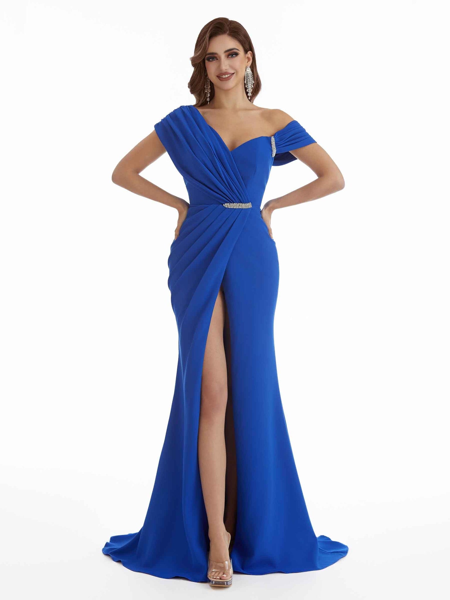 Robe de soirée longue en crêpe extensible à col asymétrique et fente sexy