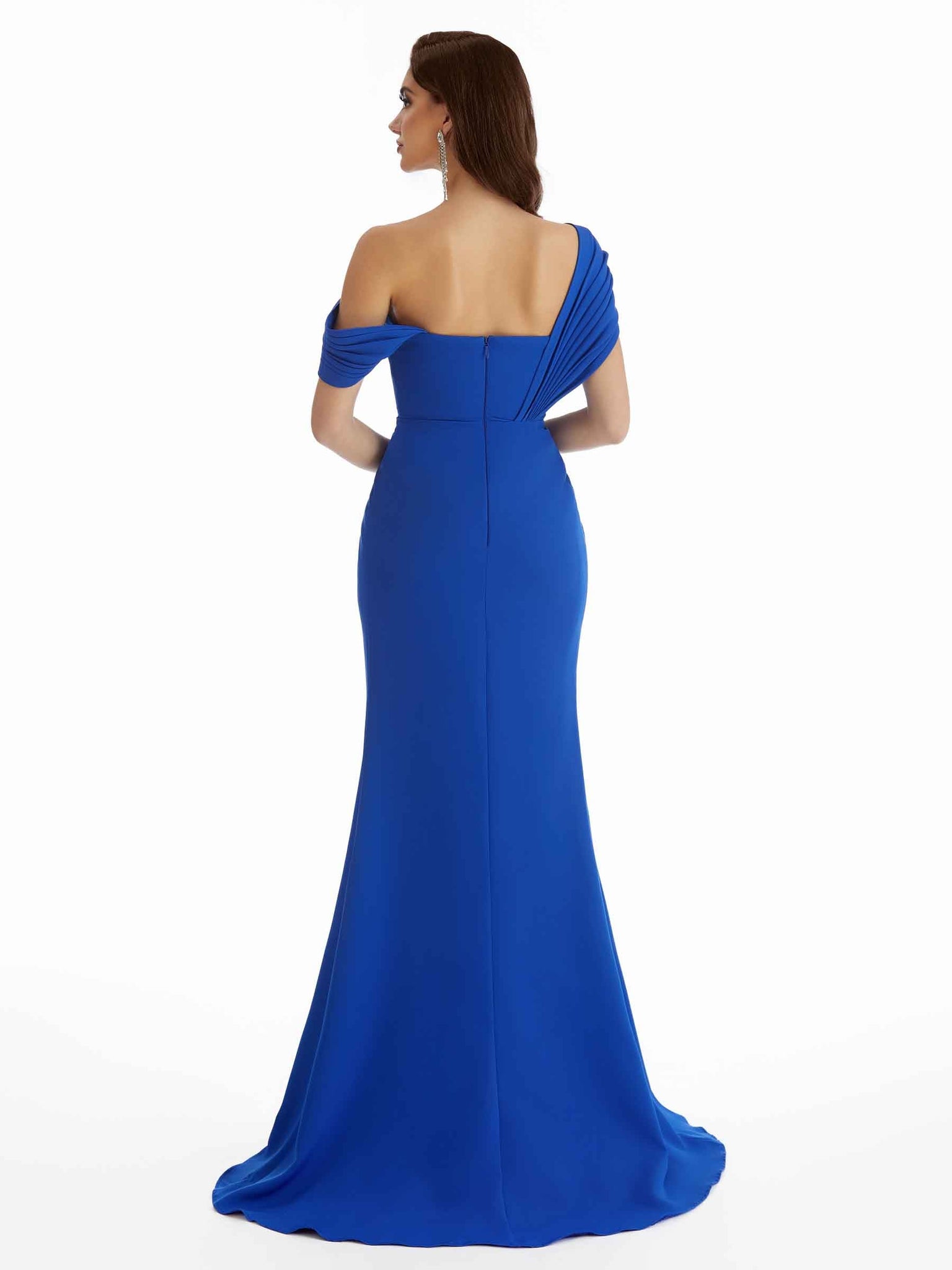 Robe de soirée longue en crêpe extensible à col asymétrique et fente sexy