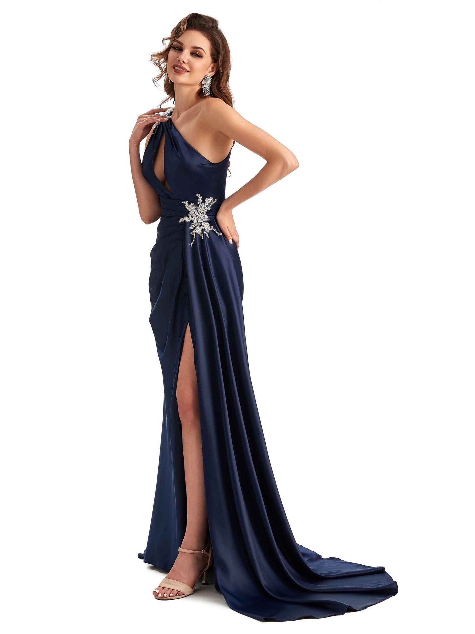 Robe témoin de mariage sexy fendue en satin doux asymétrique en dentelle A-ligne