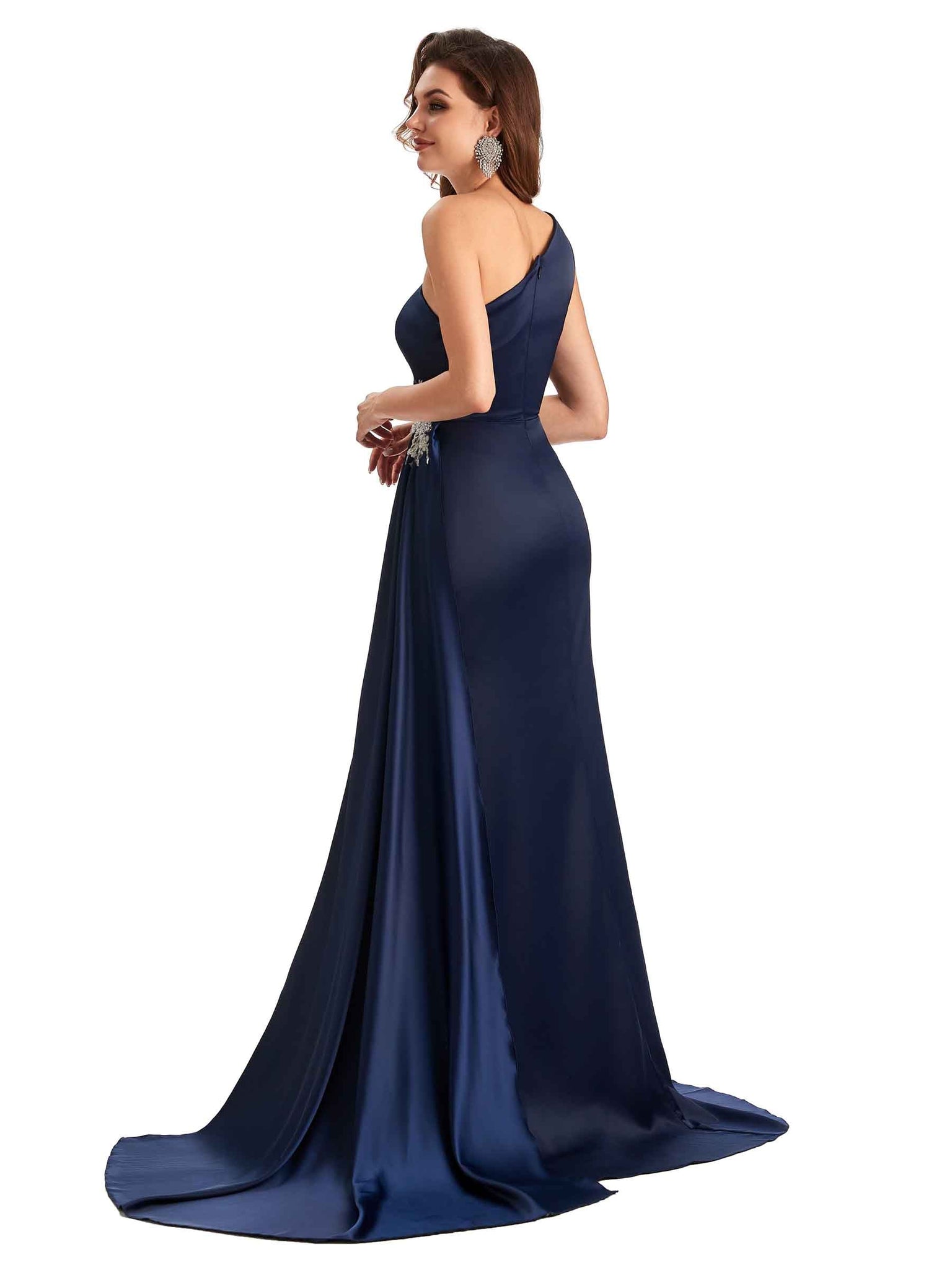 Robe témoin de mariage sexy fendue en satin doux asymétrique en dentelle A-ligne