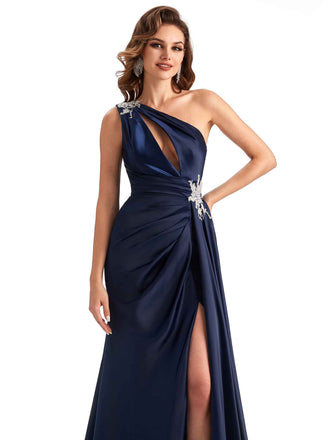 Robe témoin de mariage sexy fendue en satin doux asymétrique en dentelle A-ligne