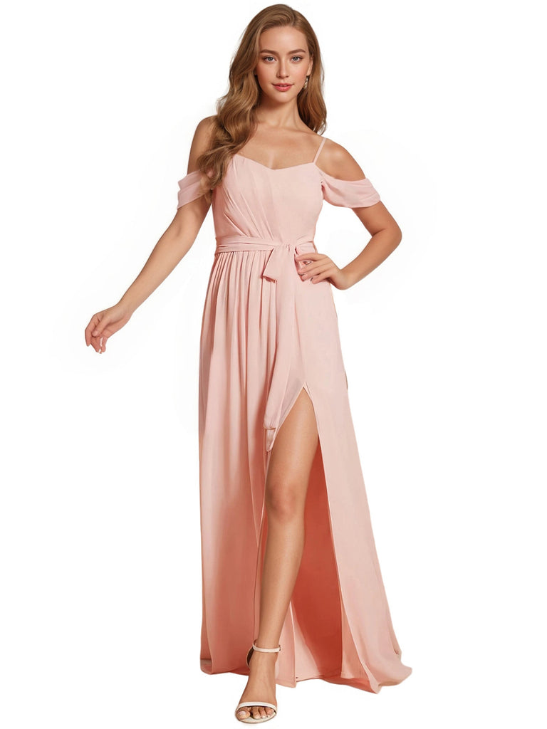 Robe en mousseline longueur au sol avec fente épaules dénudées