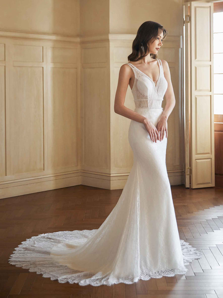 Robes de mariée sexy sirène dos nu col en V maxi longues en dentelle