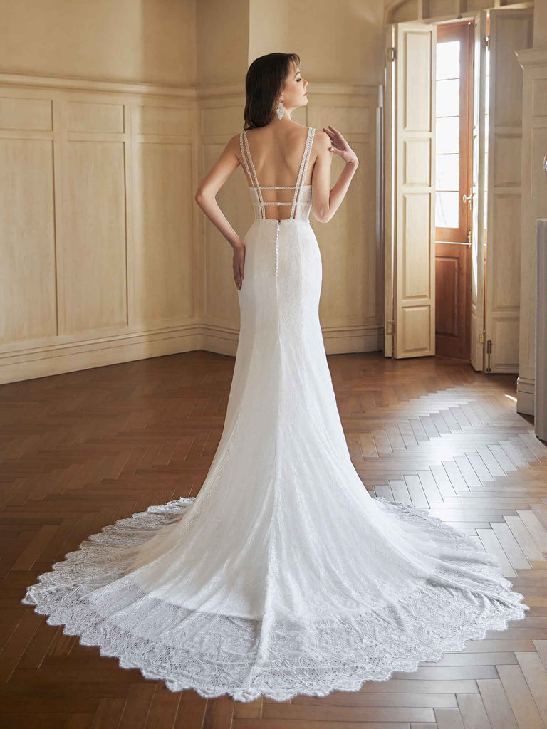 Robes de mariée sexy sirène dos nu col en V maxi longues en dentelle