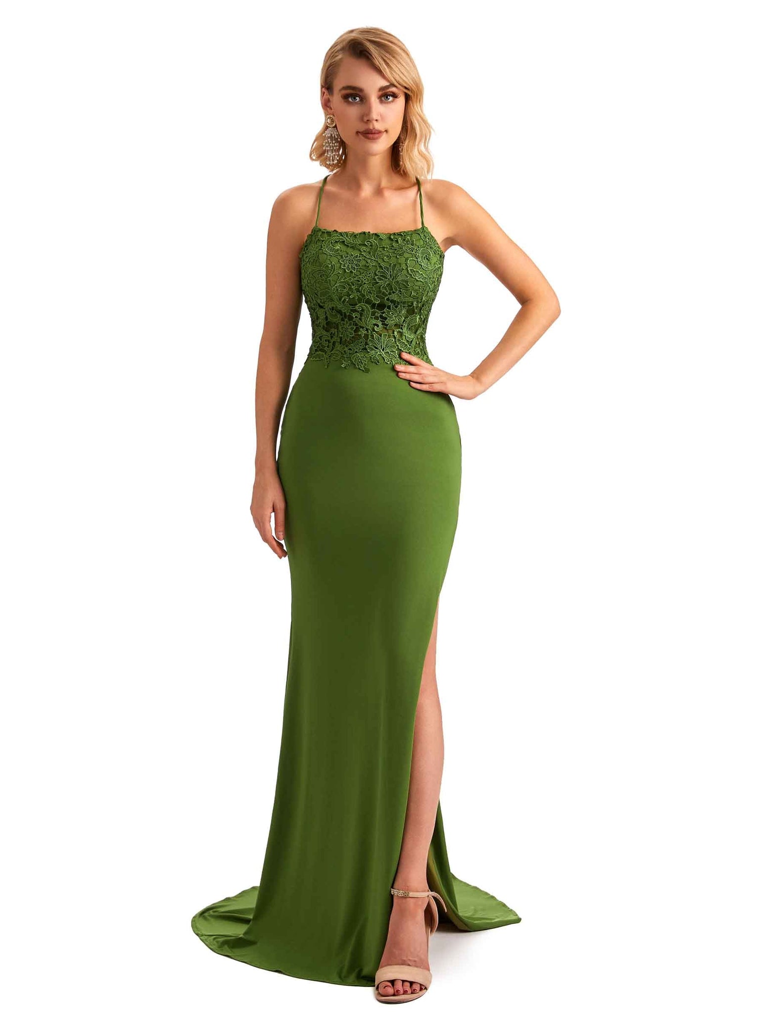 Robe invitée mariage longue en jersey extensible avec fente bretelles spaghetti Dos nu