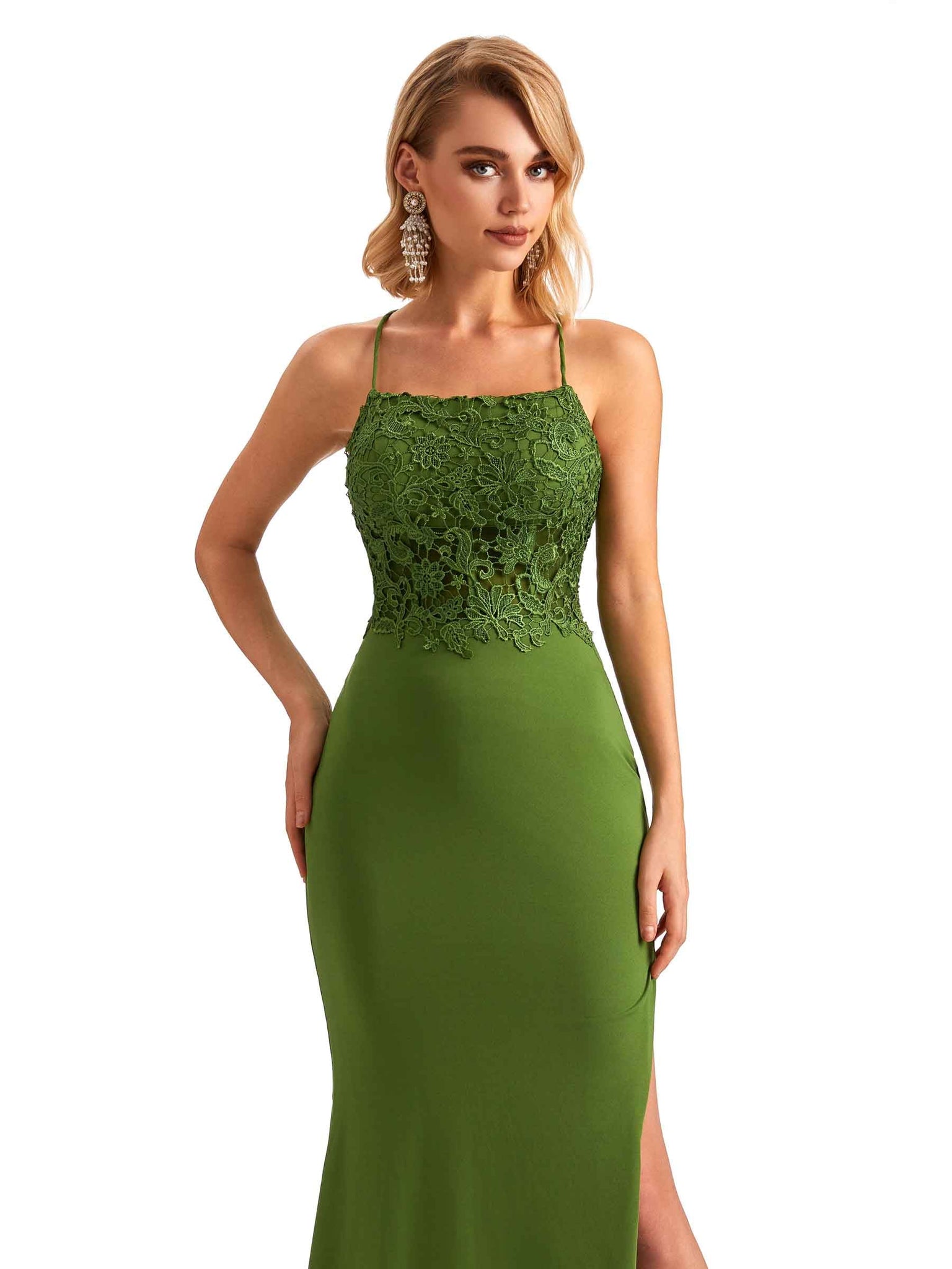 Robe invitée mariage longue en jersey extensible avec fente bretelles spaghetti Dos nu