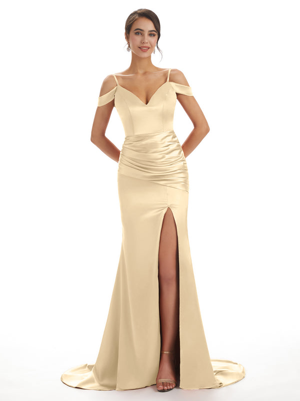 Champagne Sexy Chic Soyeux Doux Satin Sirène Longue Robes Demoiselle D'honneur