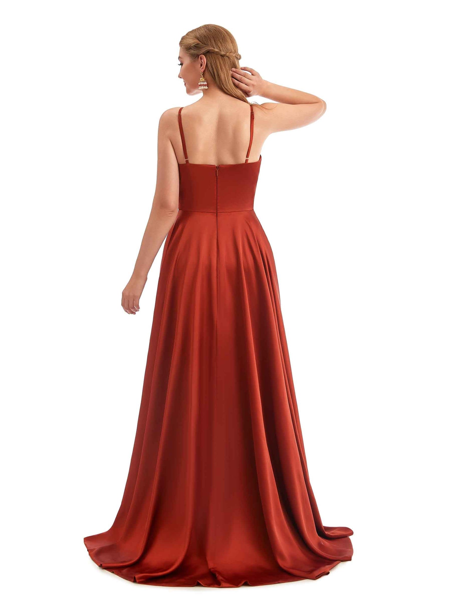 A-Ligne Robes demoiselle d'honneur longues satin trapèze avec bretelles spaghetti fendues