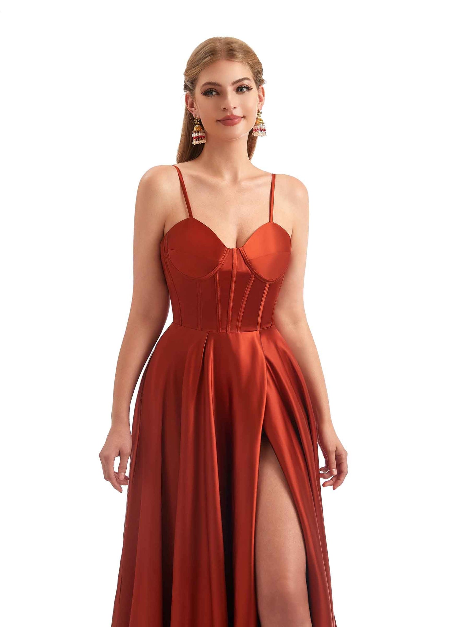 A-Ligne Robes demoiselle d'honneur longues satin trapèze avec bretelles spaghetti fendues
