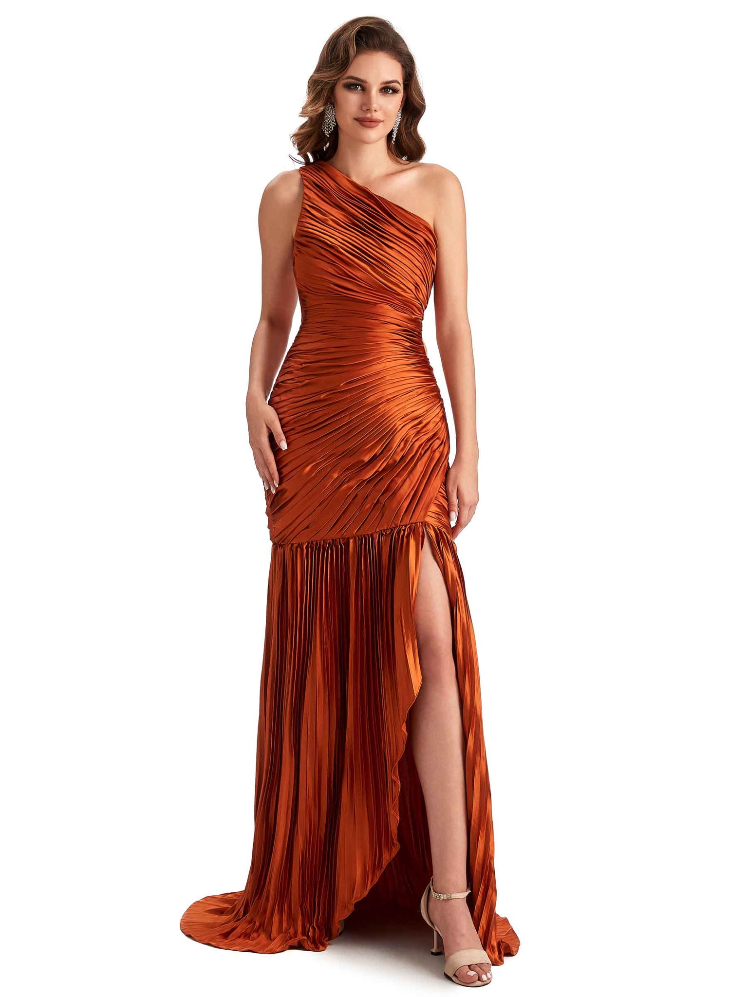 Robe A-ligne Plissée longue en satin doux à une épaule avec fente latérale sexy pour femmes