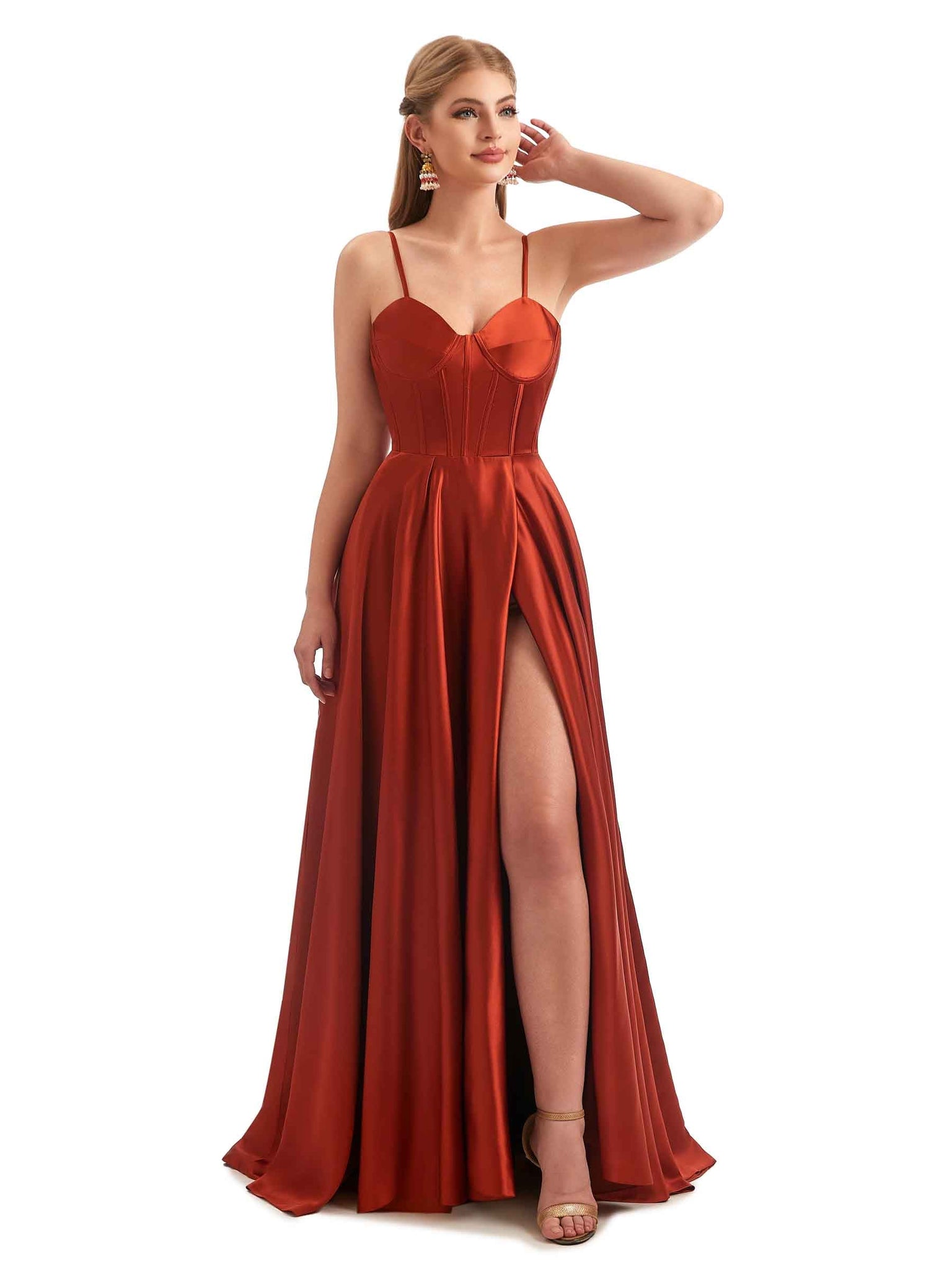 A-Ligne Robes demoiselle d'honneur longues satin trapèze avec bretelles spaghetti fendues