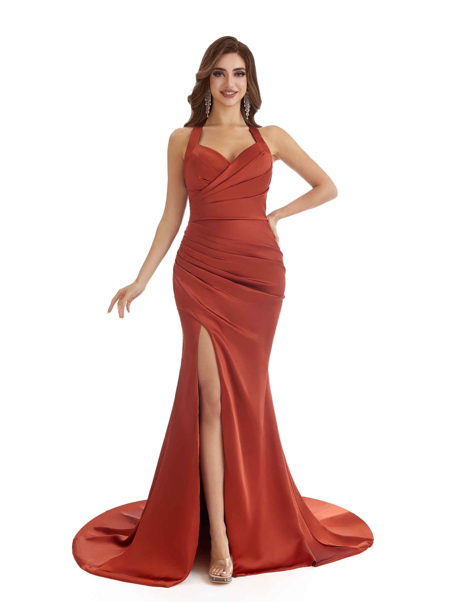 Robes de demoiselle d'honneur sexy en satin à col en V fente  robe invitée mariage