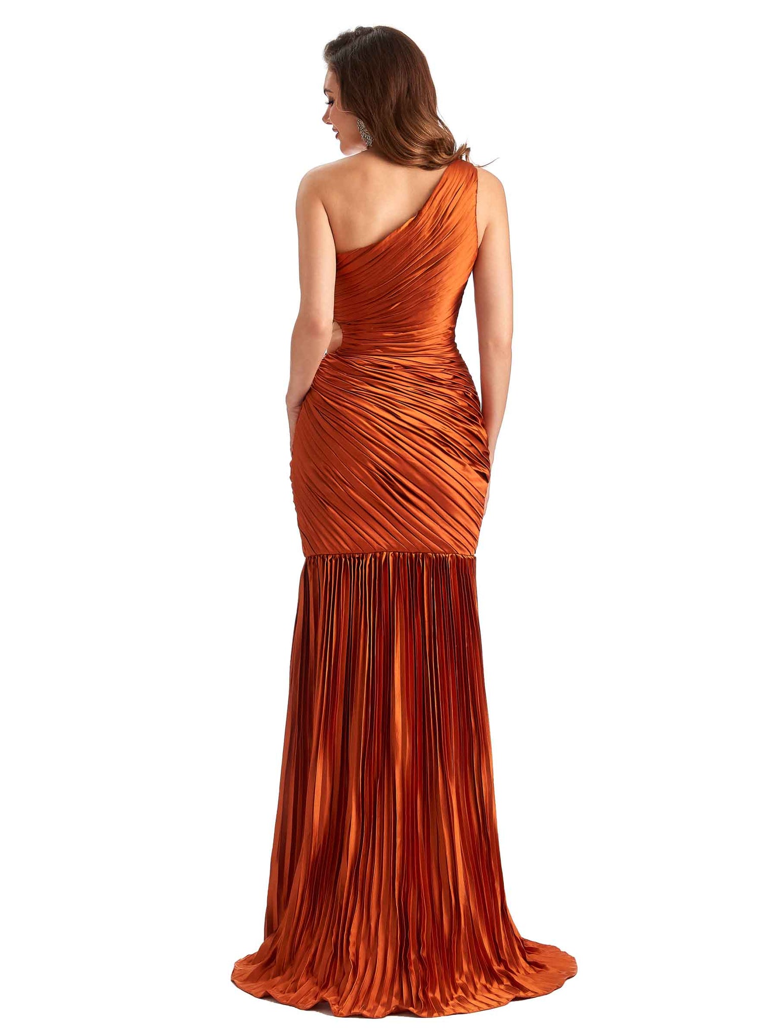 Robe A-ligne Plissée longue en satin doux à une épaule avec fente latérale sexy pour femmes