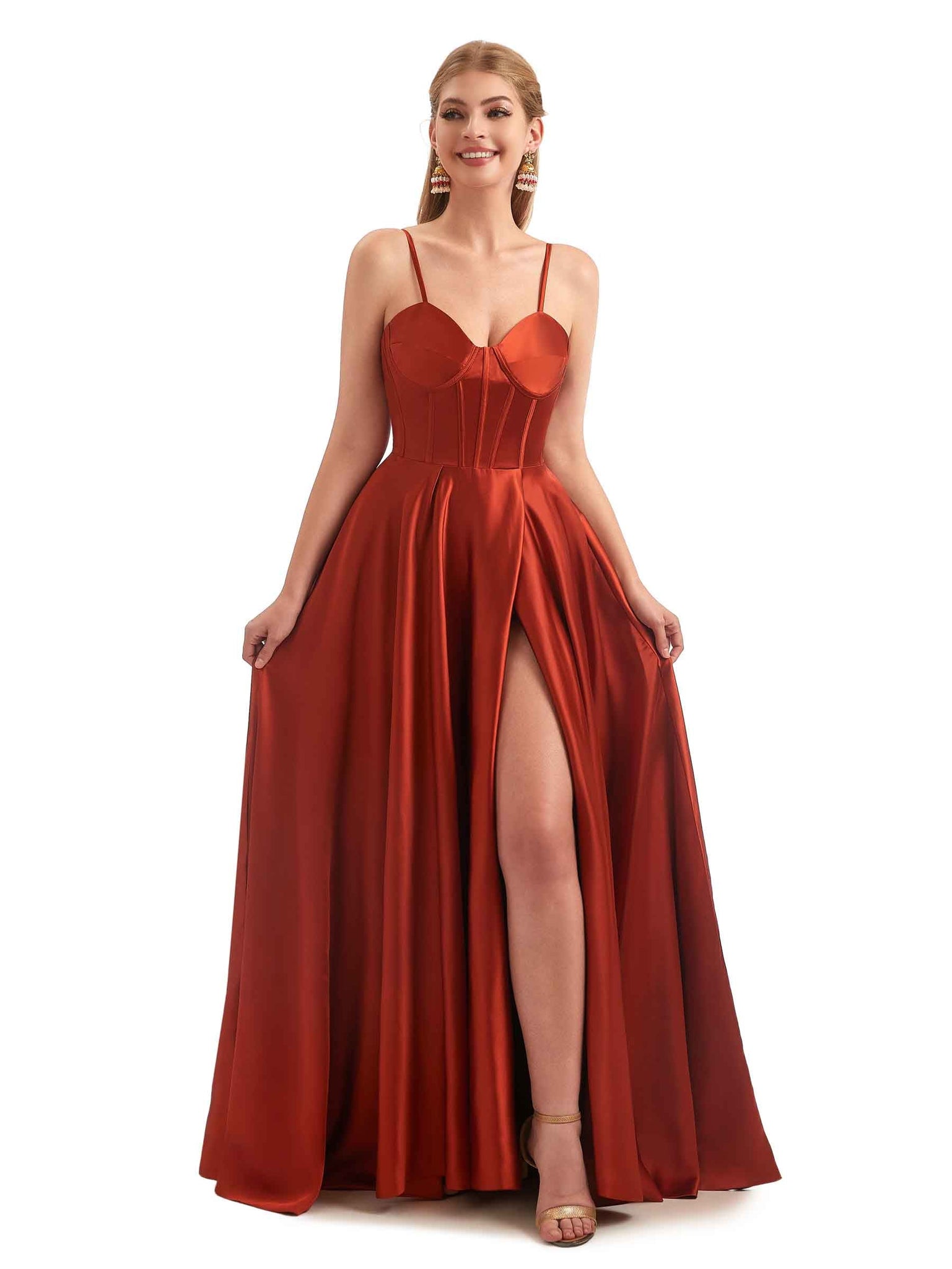 A-Ligne Robes demoiselle d'honneur longues satin trapèze avec bretelles spaghetti fendues