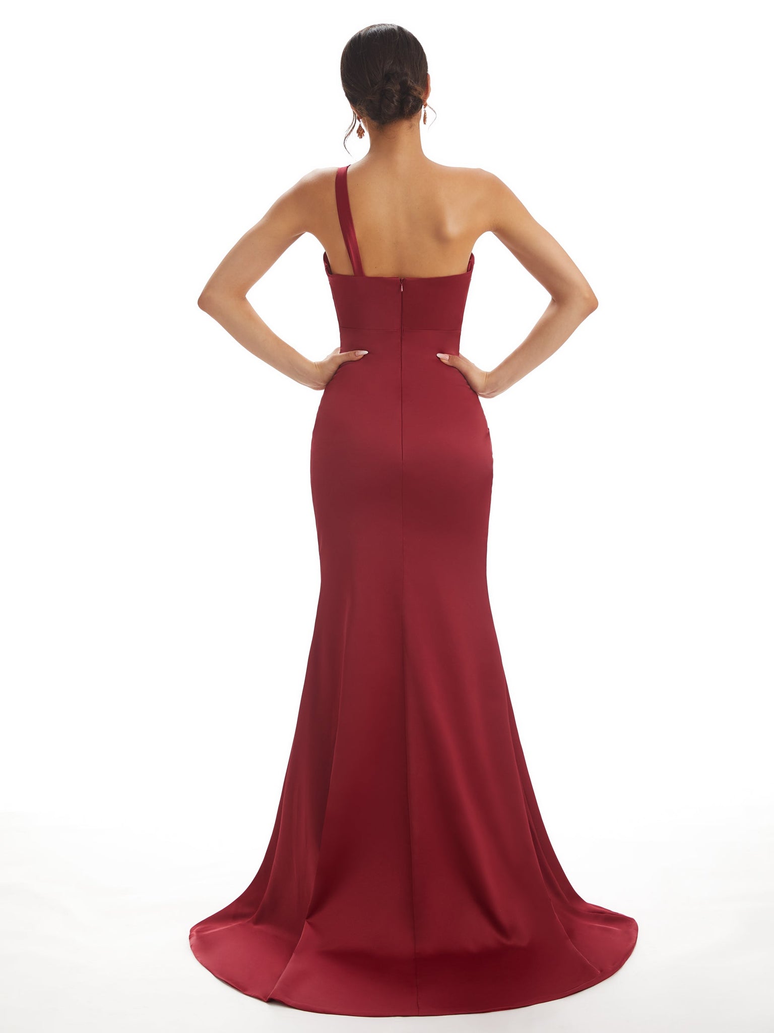 Robes invitée mariage longues sexy satin doux une épaule fendue robe de soirée