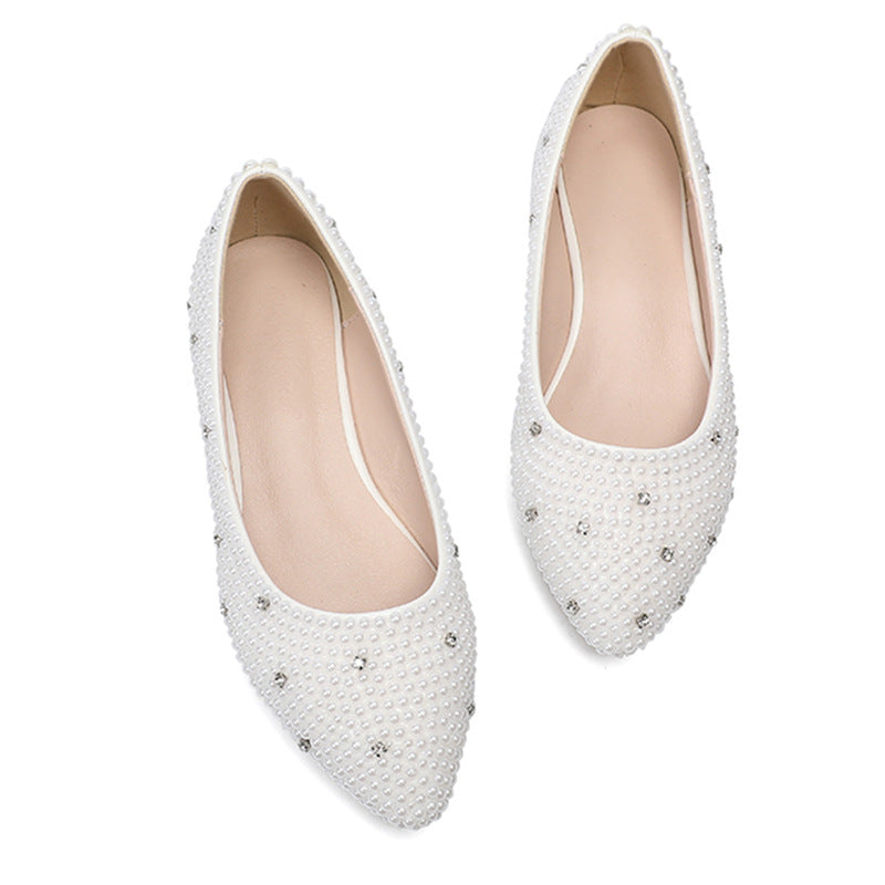 New Arrival White Pearl Sparkling Diamond Flat Shoes Wedding Shoes Flat Evening Shoes