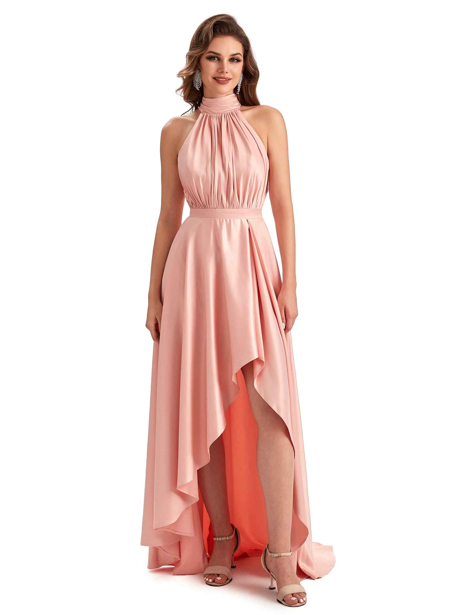 Robes témoin de mariage uniques en satin doux à col haut et coupe trapèze A-ligne