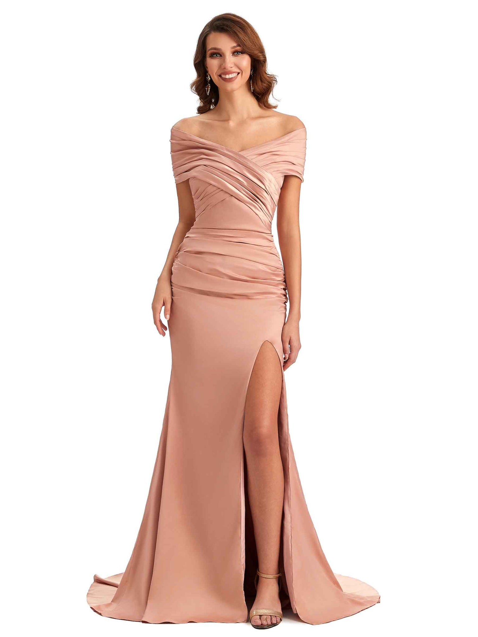 Sexy hors de l'épaule fente sirène Satin longues robes de mariage formelles