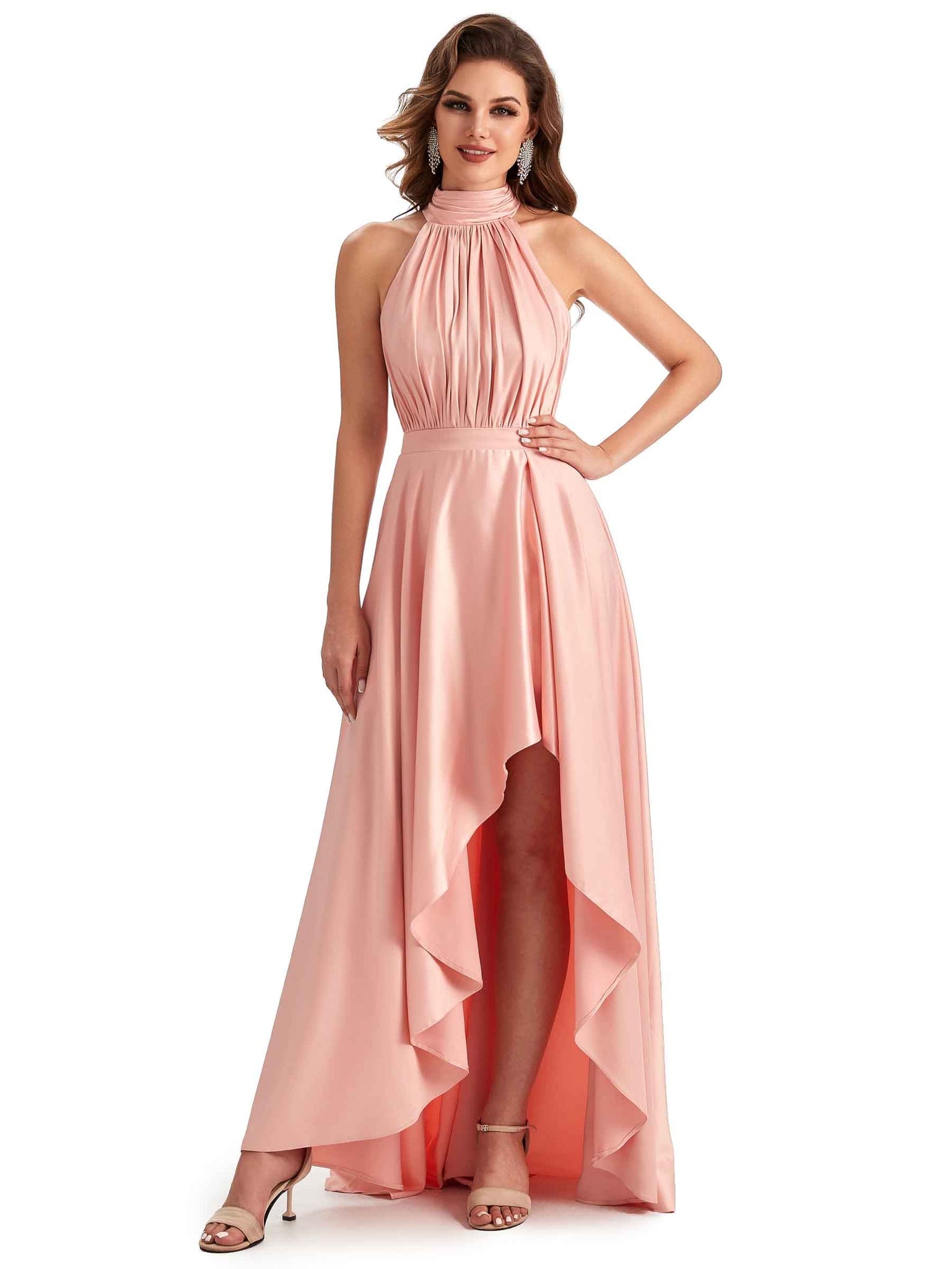 Robes témoin de mariage uniques en satin doux à col haut et coupe trapèze A-ligne