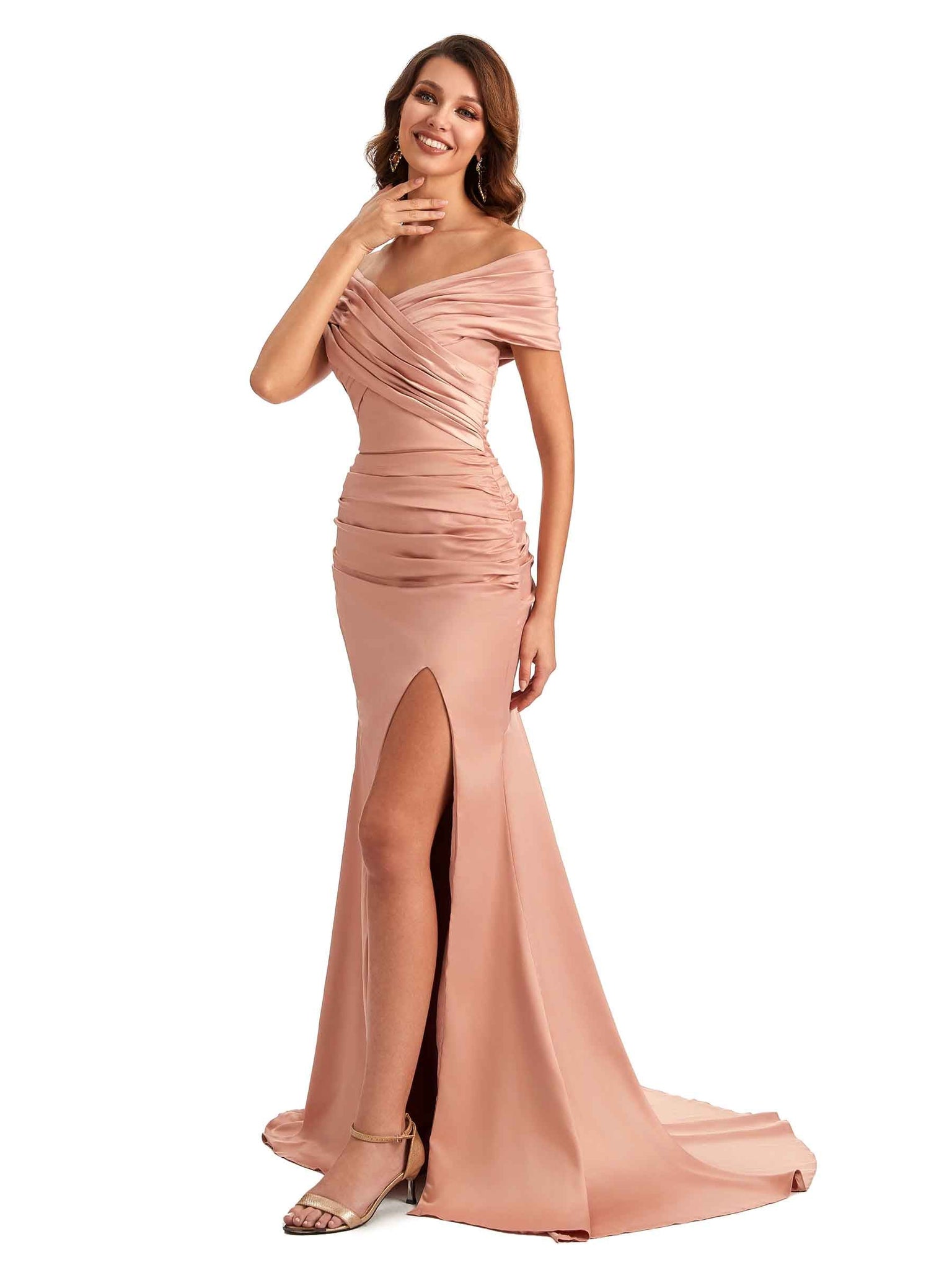 Hors de l'épaule robe invitée mariage fente sirène Satin longues robes demoiselle d'honneur
