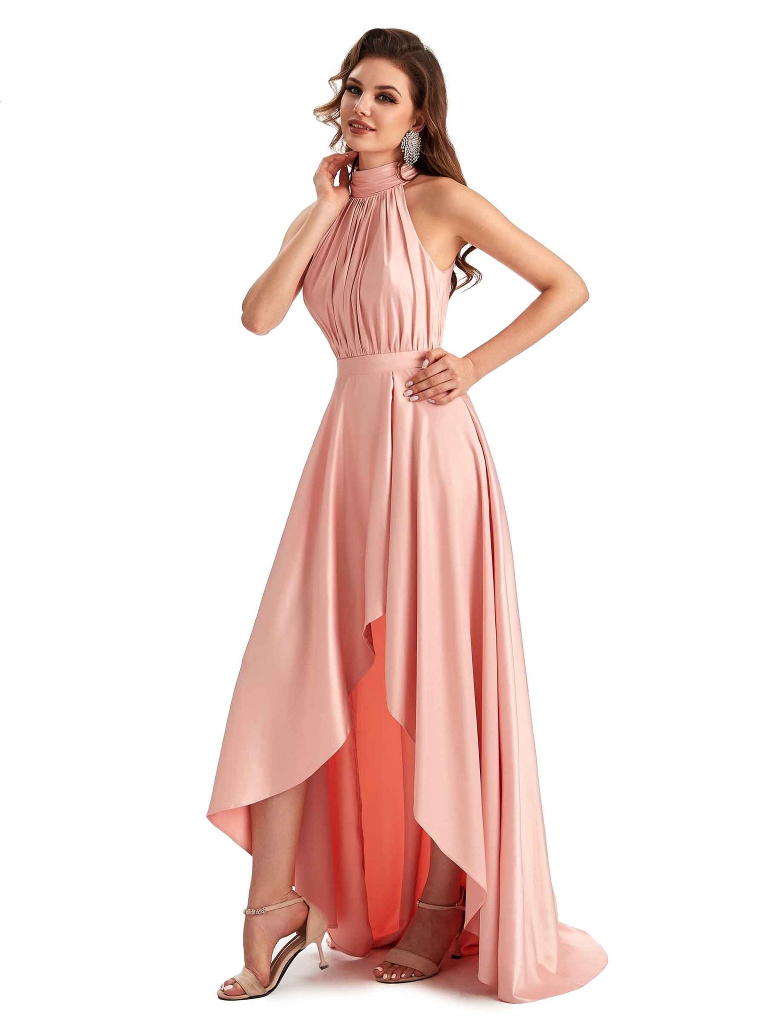Robes témoin de mariage uniques en satin doux à col haut et coupe trapèze A-ligne