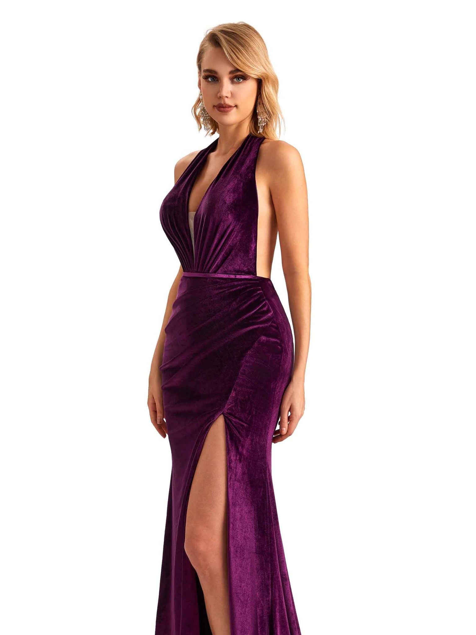 Robes de demoiselle d'honneur longues en velours à fente latérale sexy dos nu sirène
