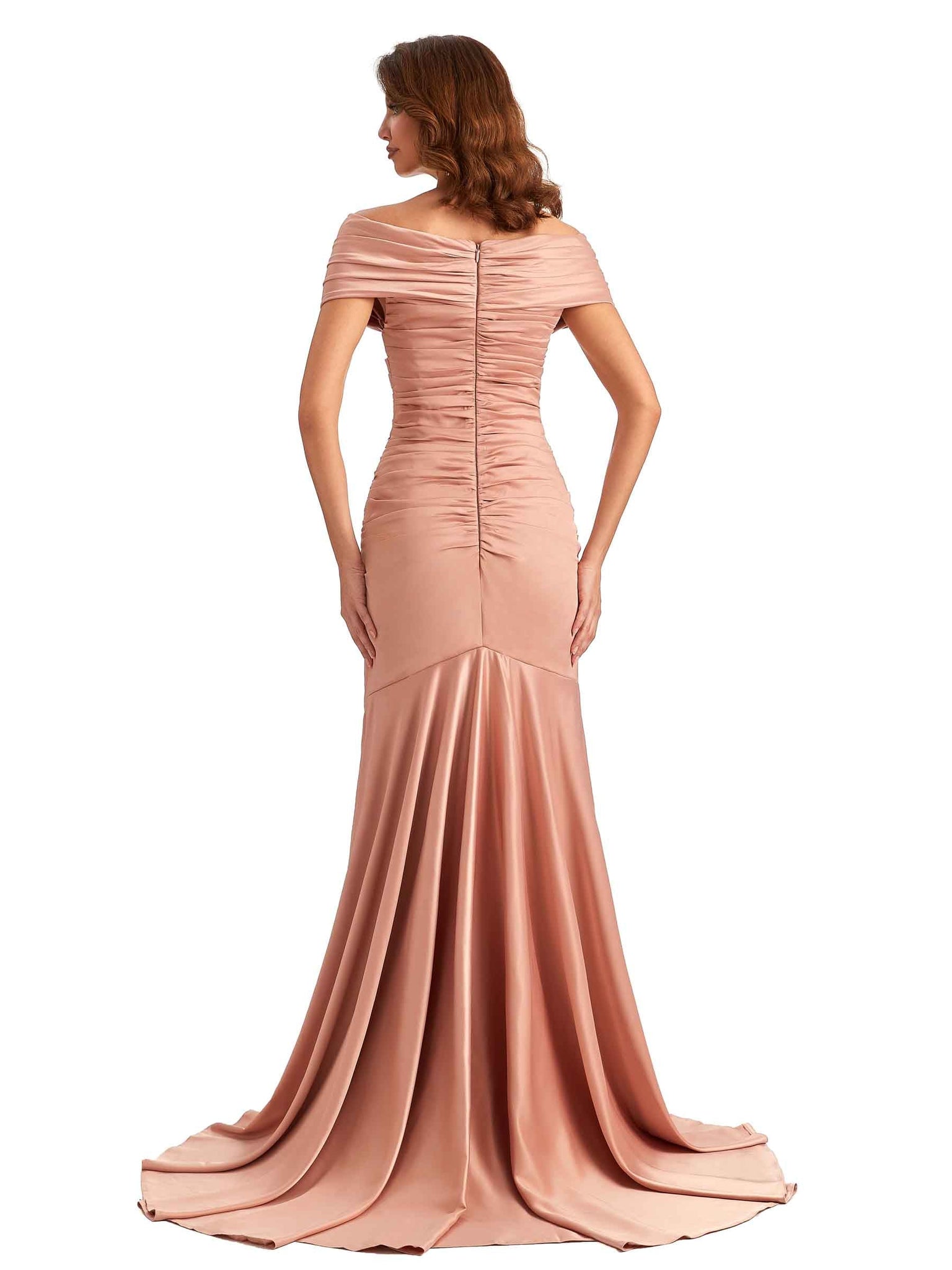 Hors de l'épaule robe invitée mariage fente sirène Satin longues robes demoiselle d'honneur