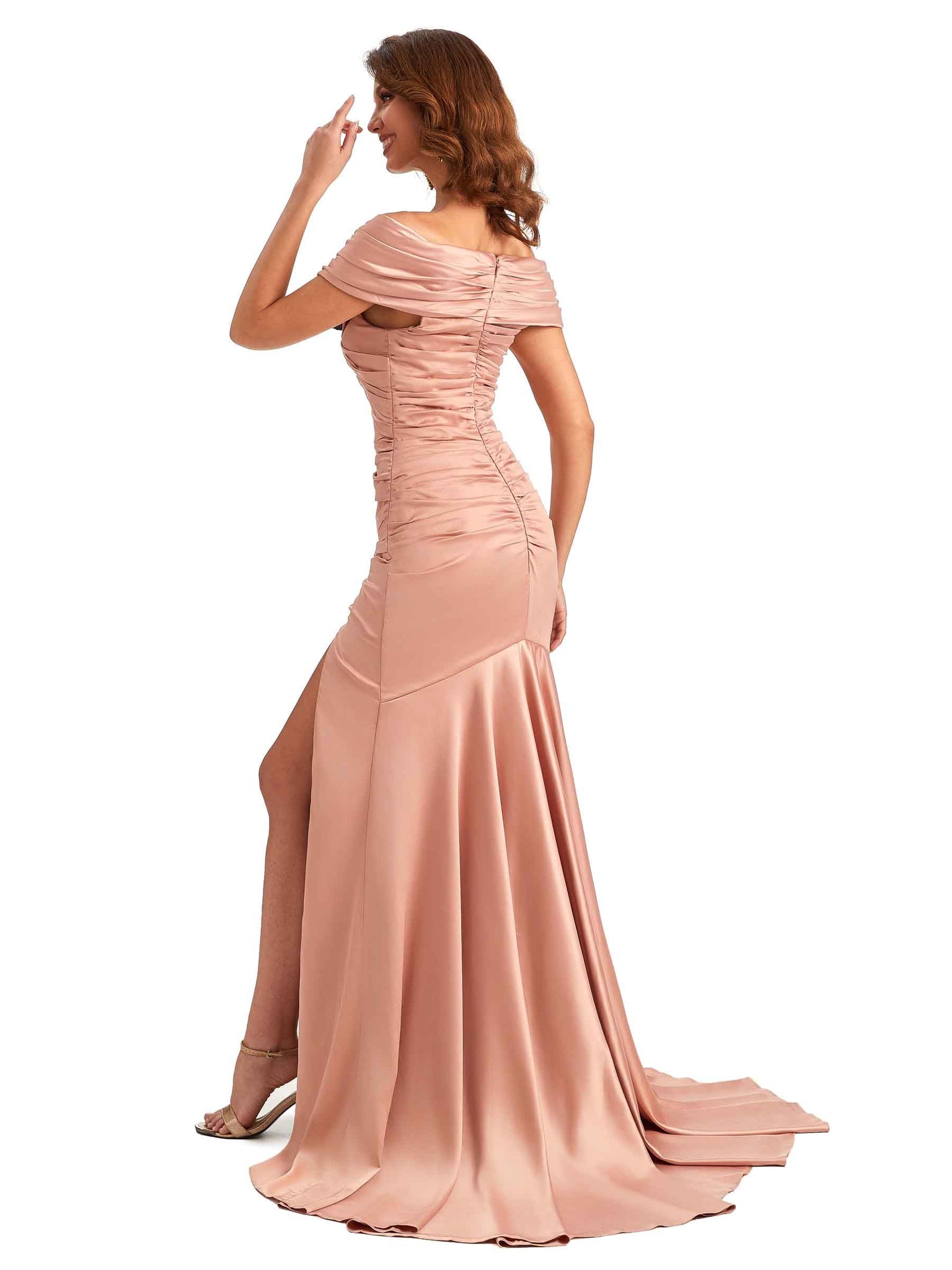 Hors de l'épaule robe invitée mariage fente sirène Satin longues robes demoiselle d'honneur
