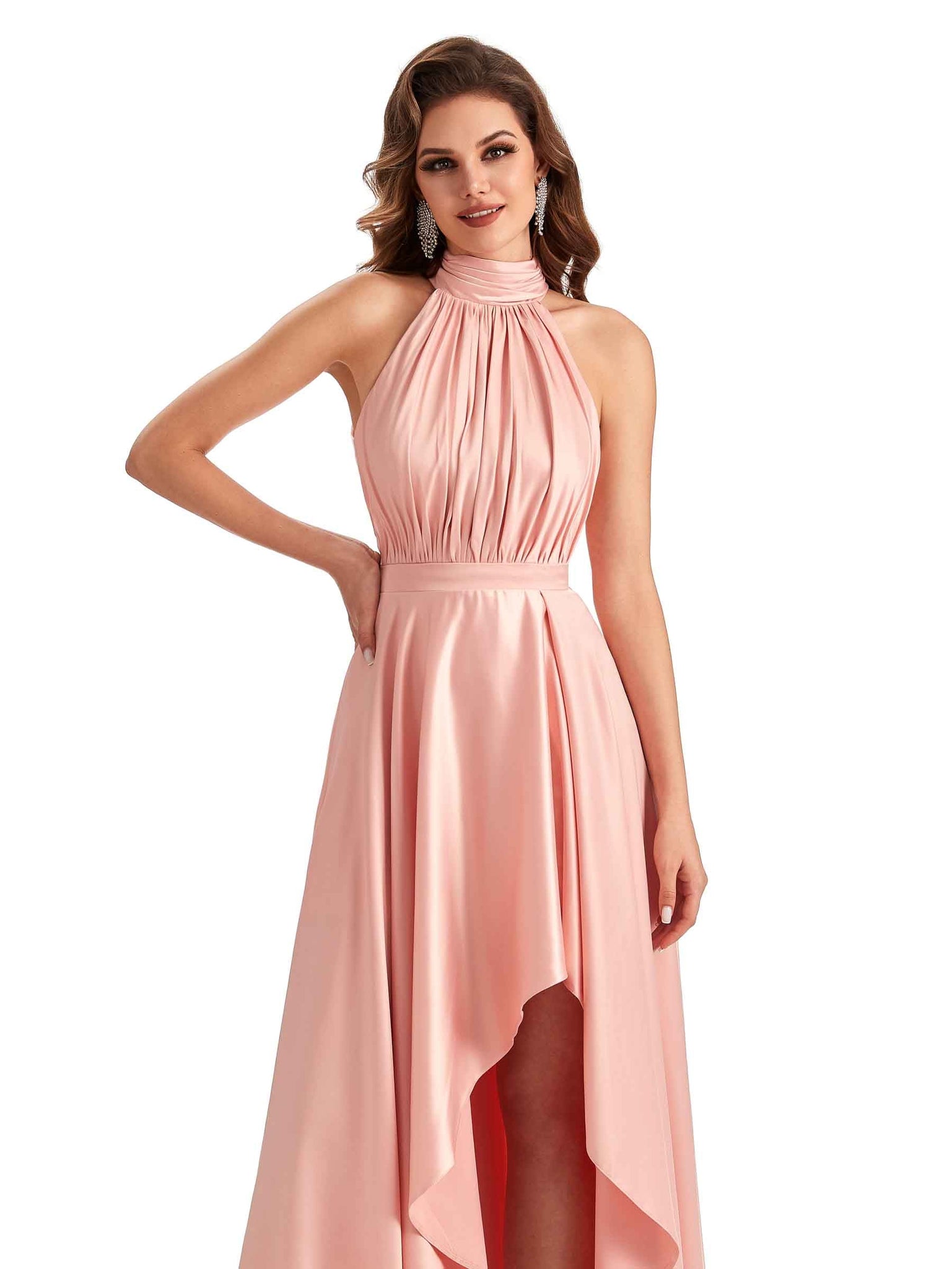 Robes témoin de mariage uniques en satin doux à col haut et coupe trapèze A-ligne