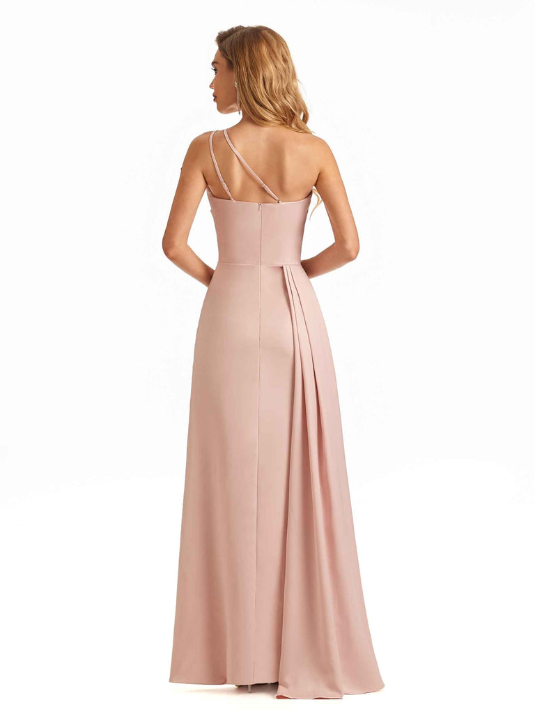 Simple une épaule Spaghetti sangle doux Satin longue belles robes d'invité de mariage