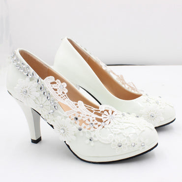 Lace Silver Sequins Decorated White Wedding Shoes High Heels Women's Wedding Shoes