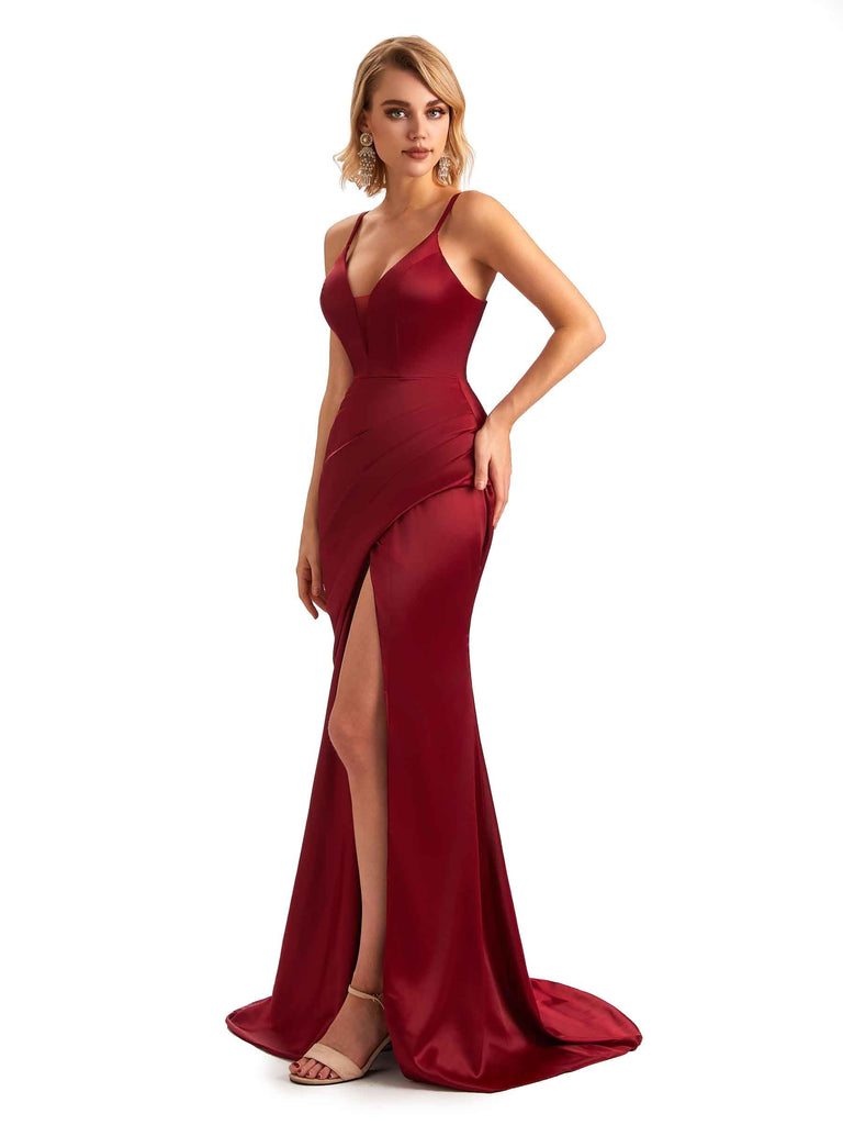 Robe de soirée sirène en Satin soyeux Sexy fente col en V longue pour les mariages