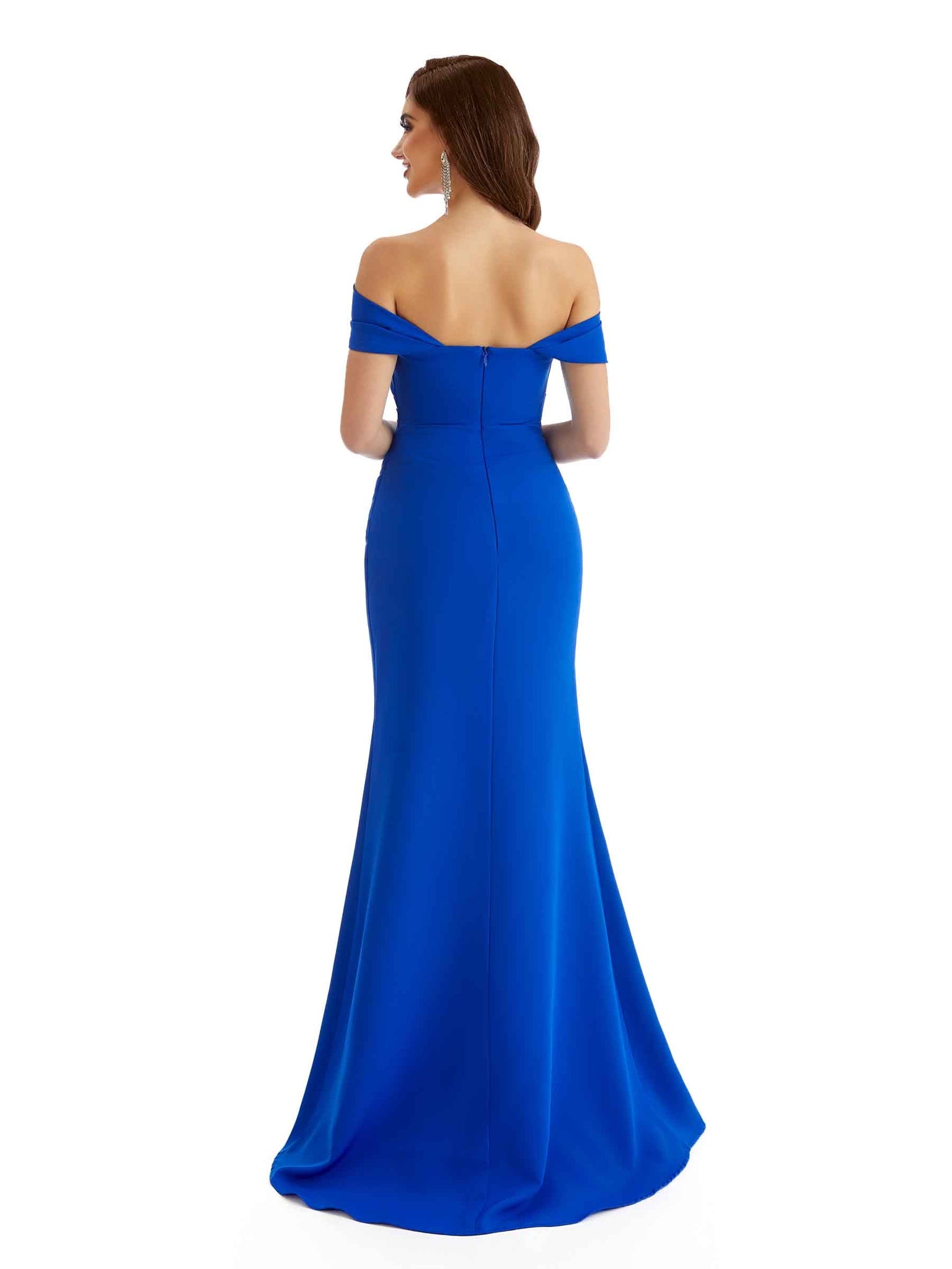 Robe de demoiselle d'honneur longue en crêpe extensible à épaules dénudées fente